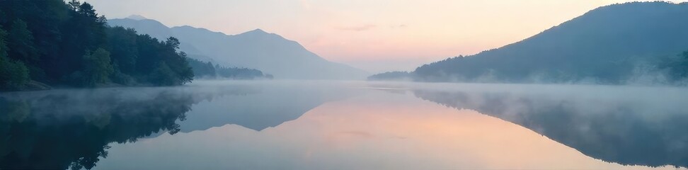 Fototapeta premium A serene landscape reflecting in a still, clear lake at dawn The mist hangs low, creating a mystical atmosphere Perfect for meditation, tranquility, or nature themes , dawn, color