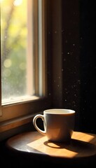 A single, empty coffee cup sits on a small table next to a window, sunlight illuminating dust motes in the air; a feeling of solitude and quiet desperation hangs heavy , room, headache, lonely