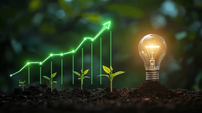 Business concept with a glowing green lightbulb graph showing financial growth and energy success.