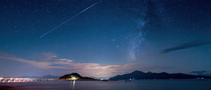 Night sky over a tranquil bay, featuring a meteor streak and the Milky Way.  Coastal landscape with islands and mountains under a starry night sky.  Light reflecting on the still water