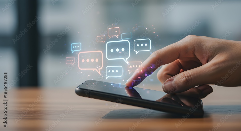 Poster digital communication: finger interacting with smartphone display showing chat bubbles