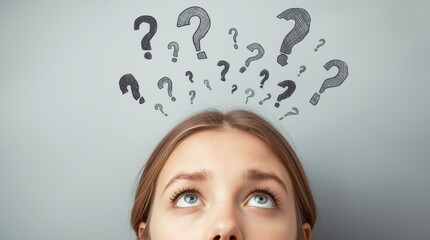 Young woman hand draw question marks with a question mark over her head, thinking about a business problem.