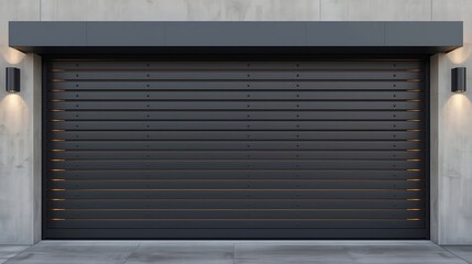 Contemporary Garage Door – Sleek Black Roller Shutter on Concrete Facade