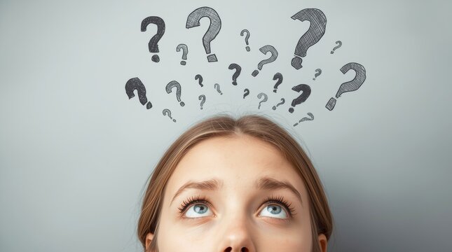 Young woman hand draw question marks with a question mark over her head, thinking about a business problem.
