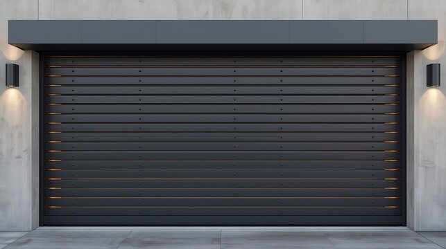 Contemporary Garage Door &ndash; Sleek Black Roller Shutter on Concrete Facade