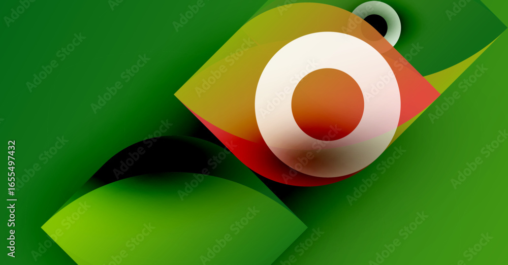 Poster abstract design features layered shapes, vibrant greens, reds, white. circular element dominates com