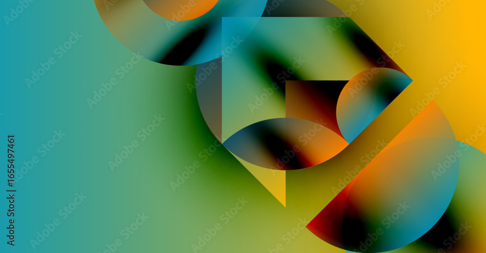 Poster abstract composition. overlapping shapes create dynamic color gradients. smooth transitions suggest 