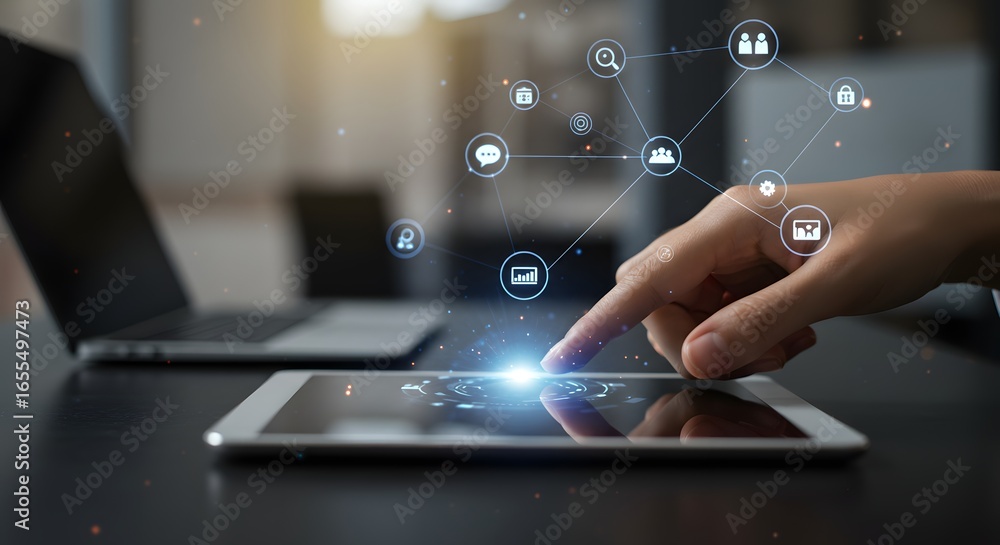Aufkleber digital network connection and data analysis on tablet