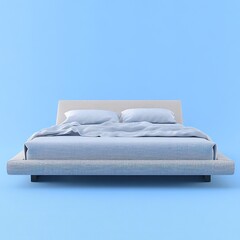 A minimalist bed with white pillows and a light blue blanket against a light blue background studio shot