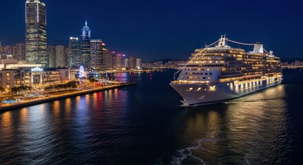 Fototapeta premium Luxury Cruise Ship Sailing in Hong Kong at Night with City Skyline