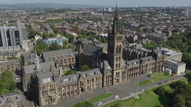 Aerial view of the University of Glasgow located in Glasgow, Scotland. Beautiful traditional architecture