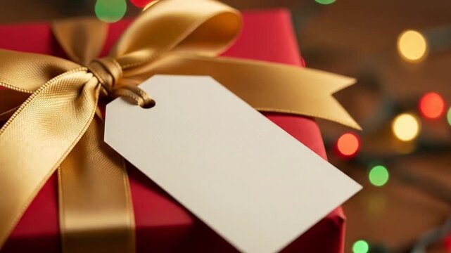 Present With Ribbon And Tag Close-Up With Bokeh Background