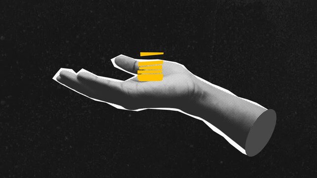Hand holding stack of coins business concept of financial decisions, planning, investment risks, money management. Modern retro grain stop motion animation frame 2d 4k