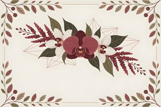 Marsala colored dark and white orchid, burgundy red astilbe vector design fall frame.