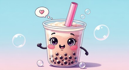 Cute Animated Bubble Tea Cup with Pink Straw and Smiling Face on Pastel Background