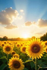 Fototapeta premium Golden hour sunlight bathes a vibrant yellow field of sunflowers, creating a breathtaking scene of natural beauty and warmth Perfect for summer, nature, and growth themes , plant, beautiful