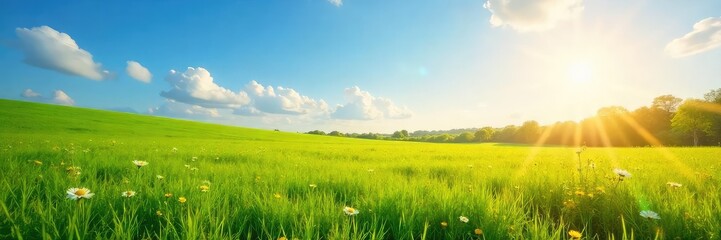 Obraz premium Golden sunlight bathes a lush green pasture, wildflowers dotting the landscape under a clear blue sky Perfect for idyllic, rural, or springtime themes , wildflowers, spring, sheep