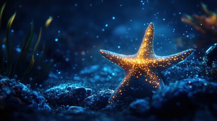 Starfish, its body textured like rough coral but with glowing stardust embedded, resting on an unseen seabed, gentle underwater luminescence
