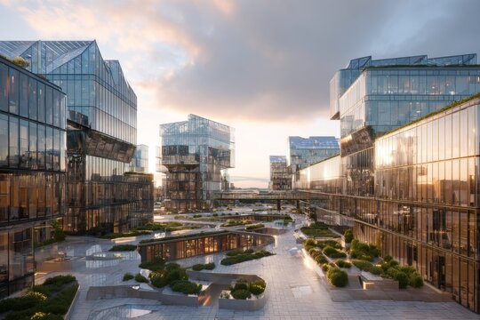 Futuristic technology campus with multiple low-rise buildings and green landscapes, symbolizing innovation and sustainability.