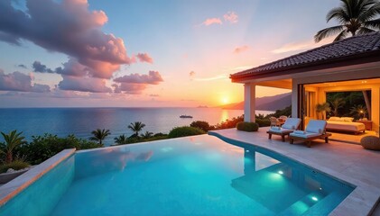 Fototapeta premium Luxury villa holiday home with private pool and stunning ocean views Enjoy breathtaking sunsets and tranquil outdoor living spaces Perfect for a relaxing getaway , luxury, garden