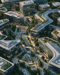 Futuristic technology campus with multiple low-rise buildings and green landscapes, symbolizing innovation and sustainability.