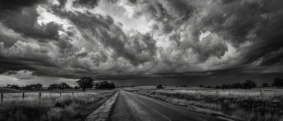 A grayscale landscape view of a country road stretching into a dramatic stormy sky