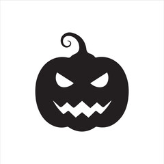Halloween pumpkin faces, each with unique carved expressions such as evil grin, sharp fangs, wide smile, shocked look, and sinister eyes. Bold black silhouette design, clean vector style, on white bac