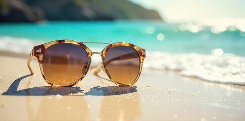 Stylish sunglasses resting on a sun-drenched beach, reflecting the bright sunlight Perfect for summer travel, vacation, and holiday themes Enjoy the vibrant colors and carefree vibe , cool, nature