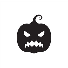 Halloween pumpkin faces, each with unique carved expressions such as evil grin, sharp fangs, wide smile, shocked look, and sinister eyes. Bold black silhouette design, clean vector style, on white bac