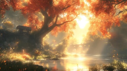 A sunlit forest scene with a river and old bridge.