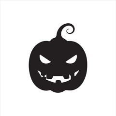 Halloween pumpkin faces, each with unique carved expressions such as evil grin, sharp fangs, wide smile, shocked look, and sinister eyes. Bold black silhouette design, clean vector style, on white bac
