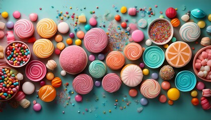 photograph of a variety of colorful sweets, candies, and confetti on 