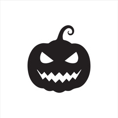 Halloween pumpkin faces, each with unique carved expressions such as evil grin, sharp fangs, wide smile, shocked look, and sinister eyes. Bold black silhouette design, clean vector style, on white bac