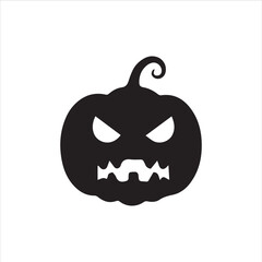 Halloween pumpkin faces, each with unique carved expressions such as evil grin, sharp fangs, wide smile, shocked look, and sinister eyes. Bold black silhouette design, clean vector style, on white bac