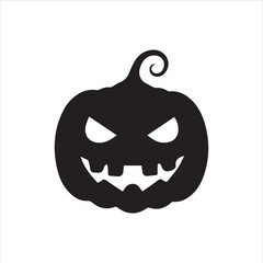 Halloween pumpkin faces, each with unique carved expressions such as evil grin, sharp fangs, wide smile, shocked look, and sinister eyes. Bold black silhouette design, clean vector style, on white bac