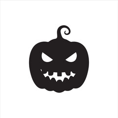 Halloween pumpkin faces, each with unique carved expressions such as evil grin, sharp fangs, wide smile, shocked look, and sinister eyes. Bold black silhouette design, clean vector style, on white bac