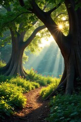 Obraz premium Serene Israeli Woodland Sunlight Dapples Ancient Trees, Casting Shadows on Vibrant Undergrowth ? Peaceful Nature Scene