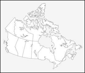 Fototapeta premium Outline map of Canada showing provinces and territories with borders.