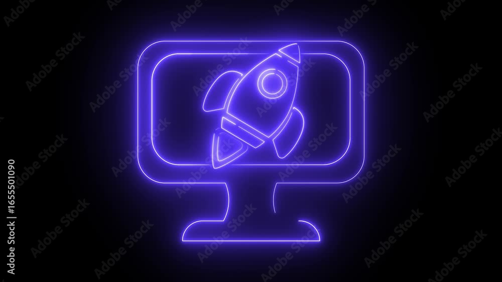 Poster neon light effect animation of a computer screen icon and a rocket, on a black background