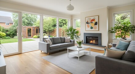 Obraz premium Bright living room with garden view