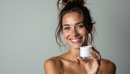 Happy Skincare Portrait Woman Showing Face Cream Natural Glowing Skin Neutral Gray