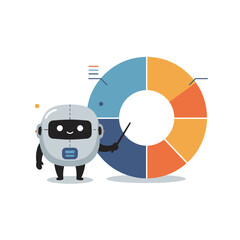 Cute robot presenting a pie chart, explaining data visualization.