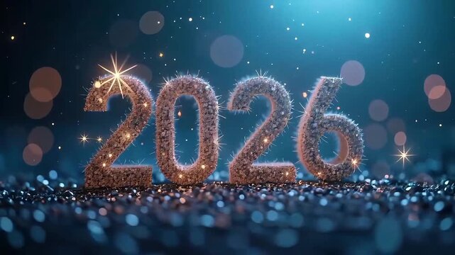 Sparkling 2026 New Year scene with glittery numbers, festive lights, bokeh background, and celebratory atmosphere
