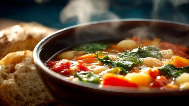 Steaming bowl of vegetable soup served with a hunk of crusty bread