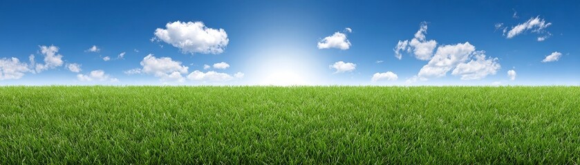 Obraz premium Expansive green grassland meadow stretching towards the horizon under a vast clear blue summer sky with fluffy white cumulus clouds a serene and tranquil natural landscape.