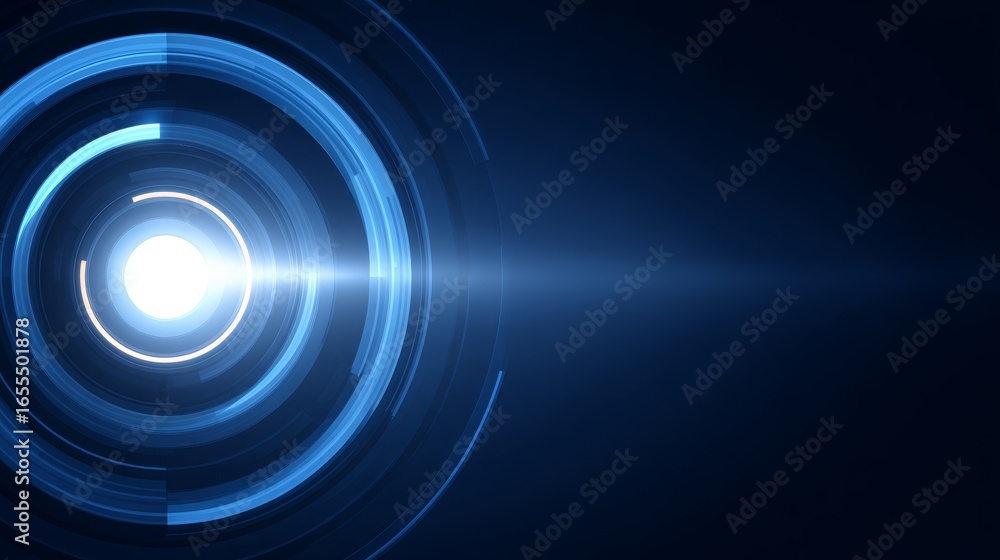 Poster mysterious blue light emanating from the center of a long dark and abstract tunnel creating a futuri