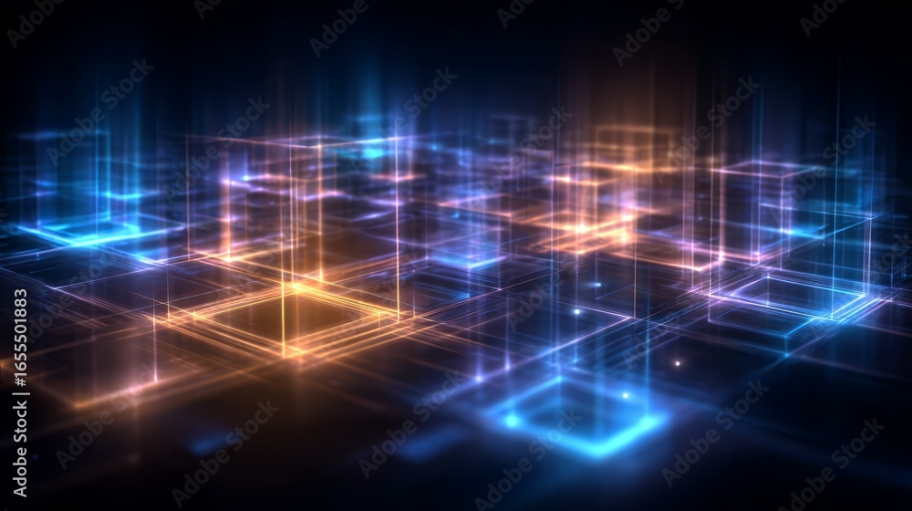 Aufkleber vibrant abstract digital art background with glowing neon squares and luminous grid pattern.