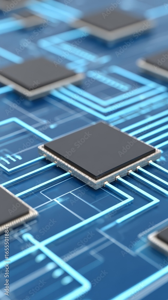 Poster detailed macro photograph of a computer processor chip showcasing its intricate circuitry pins and c