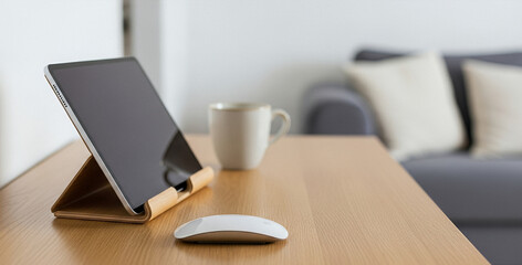 Fototapeta premium Tablet computer mug and mouse on a wooden desk in a room, illuminated with soft daylight, evoking a simple, focused, and modern workspace atmosphere.