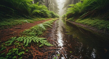 Lush forest path, misty